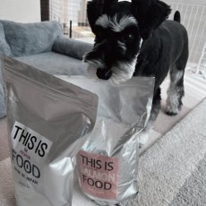 mmsu-ha プレミアムドッグフード（馬肉とサーモン）とパッケージを咥えているミニチュア・シュナウザーのレビュー写真